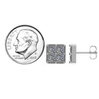 Vintage Princess Cut Stud Earrings – Sterling Silver with Cubic Zirconia and Pink Tourmaline