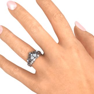 Engravable Double Heart Gemstone Tiara Ring with Accents – 10K Yellow Gold with Diamond and Cubic Zirconia