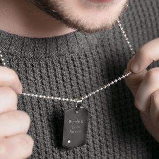 Black Stainless Steel Dog Tag With Gemstone Accent